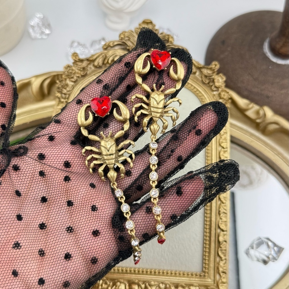 Gothic Scorpion Drop Earrings | Red Crystal Heart & Rhinestone Tail - Picture 8 of 12